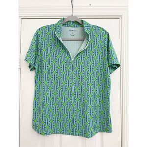 Ikbul Womens Green Blue Andrea Mock Neck Short Sleeve Golf Shirt Size Large